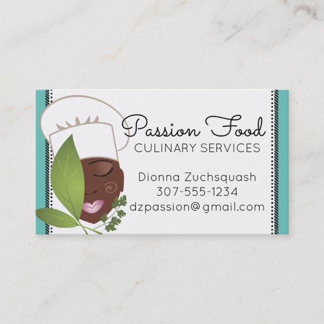 Custom color African American woman chef herbs Business Card (Front)