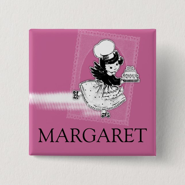 Custom color angel cake bakery name badge pinback button (Front)