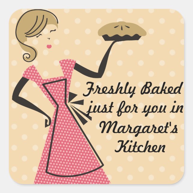 custom color bakery retro baking pie girl square sticker (Front)