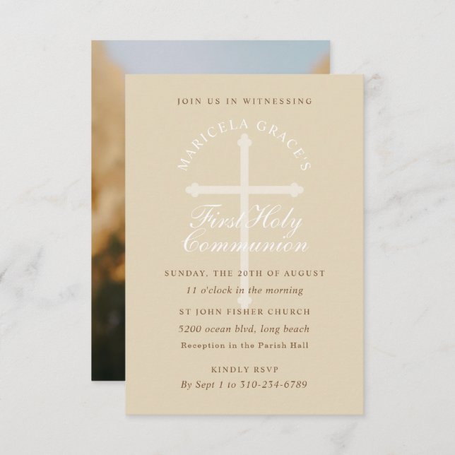Custom Color Beige Cross First Communion Invitation (Front/Back)