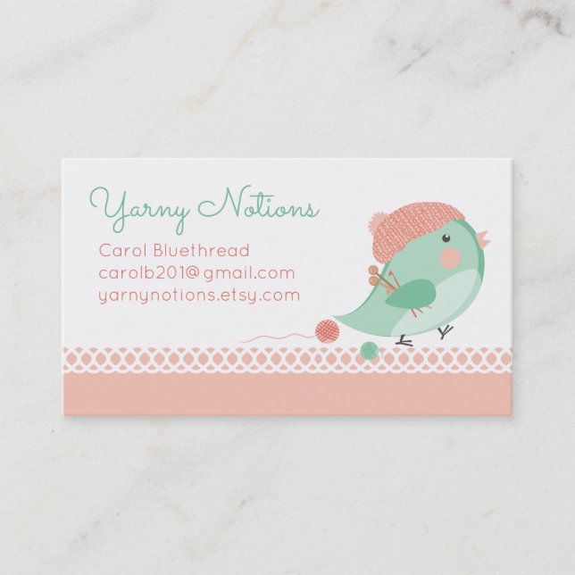 Custom color bird knitting needles crochet hooks business card (Front)