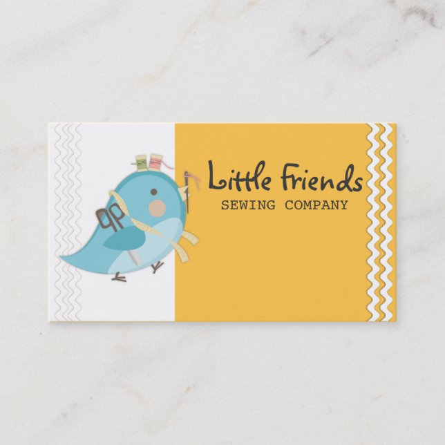 Custom color bird seamstress sewing notions card (Front)