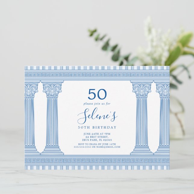 custom color birthday party with Greek temple Invitation (Standing Front)