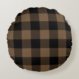 Custom Color Black and Brown Buffalo Check Plaid Round Pillow