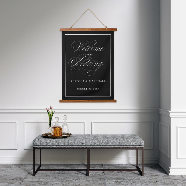 Custom Color Black Wedding Welcome Sign Hanging Tapestry