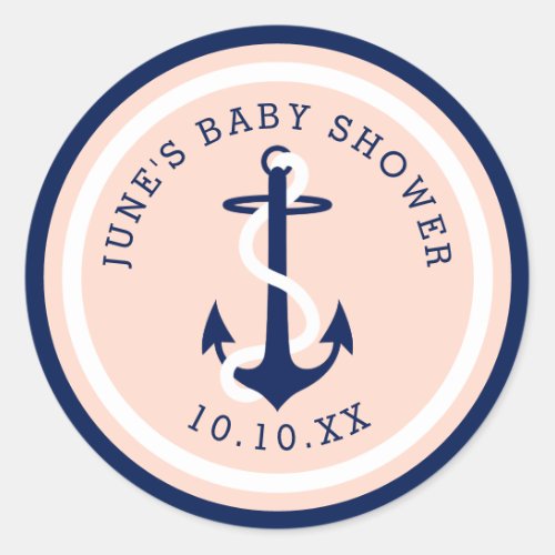 Custom Color Blush Navy Nautical Anchor Classic Round Sticker