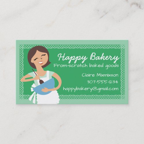 Custom color brunette woman mixing bowl bakery business card