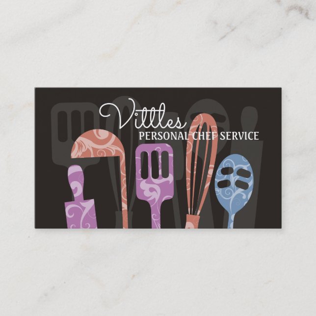 Custom color cooking utensils chef catering business card (Front)