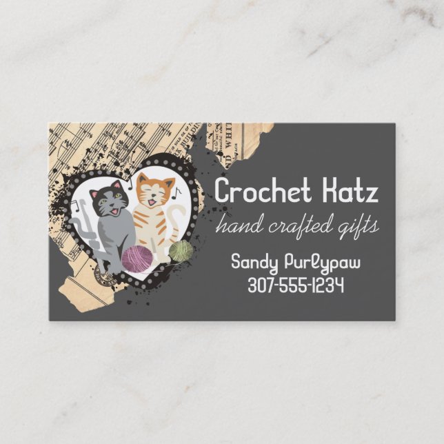 Custom color crochet hook yarn singing cats business card (Front)