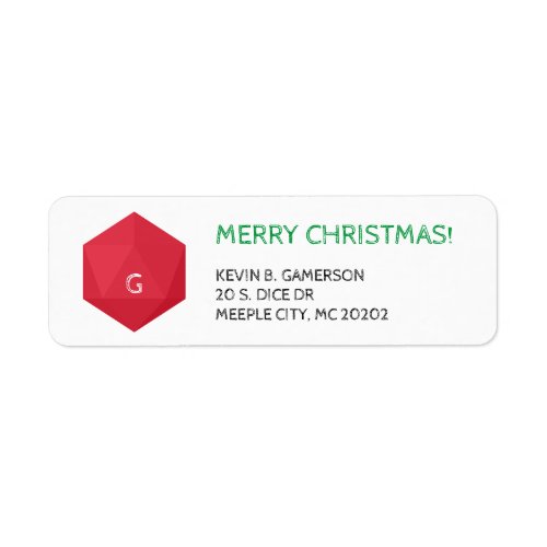 Custom Color D20 Die w Initial Christmas address Label