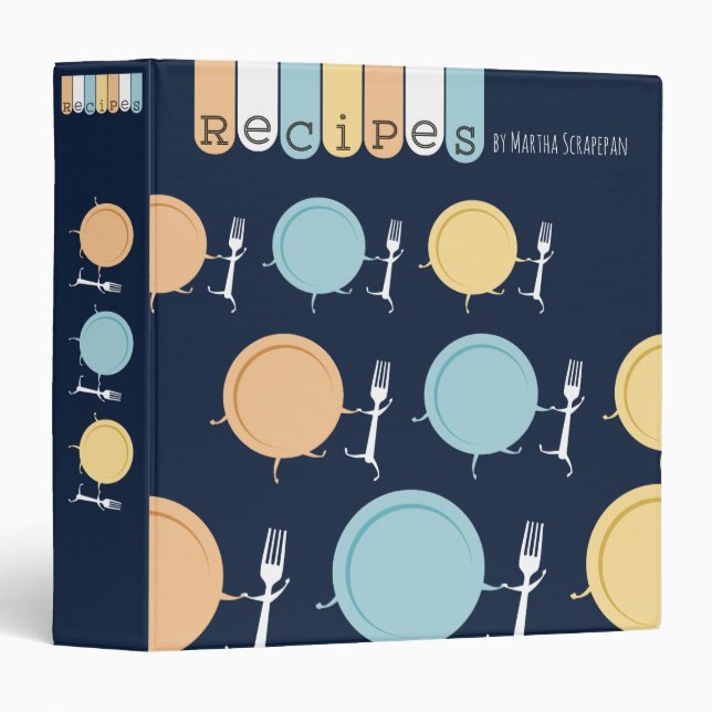 Custom color dancing plate fork recipe cookbook binder (Front/Spine)