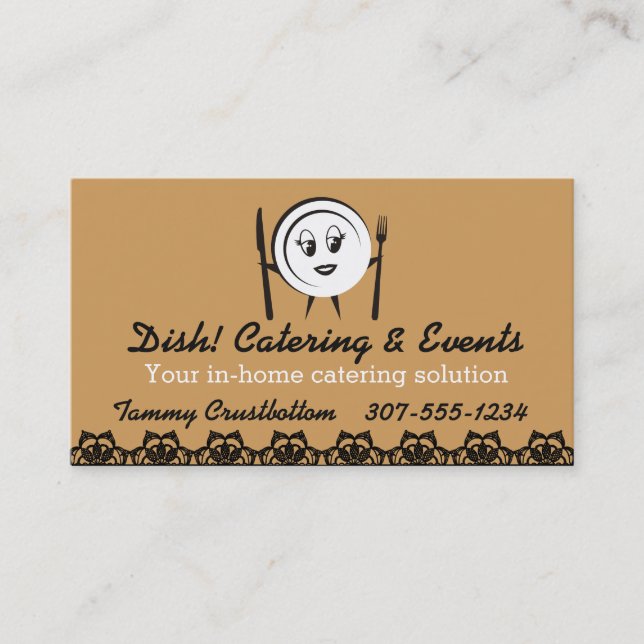 Custom color dinner plate woman chef catering business card (Front)