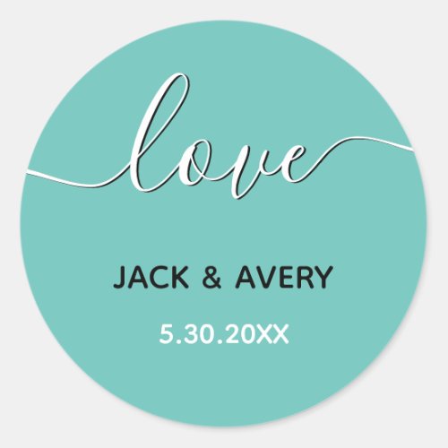Custom Color Elegant "Love" Script Wedding Date Classic Round Sticker