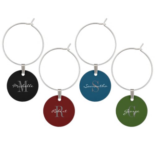 Custom color elegant monogrammed wine charm set