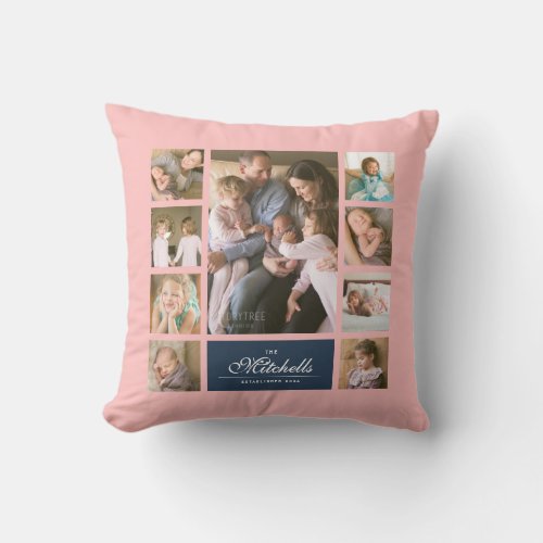 Custom Color Elegant Script Family Photo Collage Throw Pillow