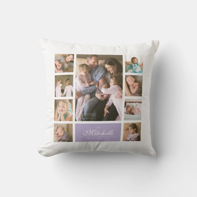 Custom Color Elegant Script Family Photo Collage Throw Pillow (Front)