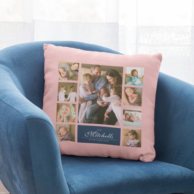 Custom Color Elegant Script Family Photo Collage Throw Pillow (Creator Uploaded)