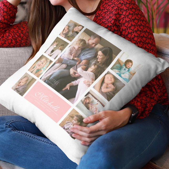 Custom Color Elegant Script Family Photo Collage Throw Pillow (Creator Uploaded)