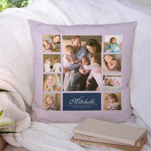 Custom Color Elegant Script Family Photo Collage Throw Pillow
