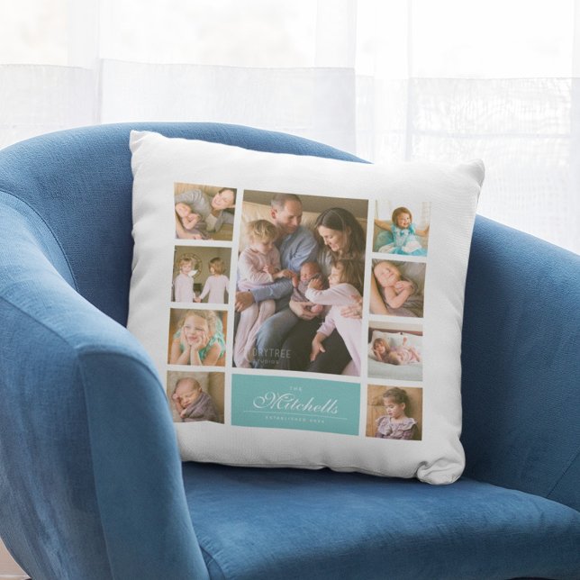 Custom Color Elegant Script Family Photo Collage Throw Pillow (Creator Uploaded)