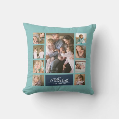 Custom Color Elegant Script Family Photo Collage Throw Pillow