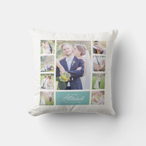 Custom Color Elegant Script Mr  Mrs Photo Collage Throw Pillow