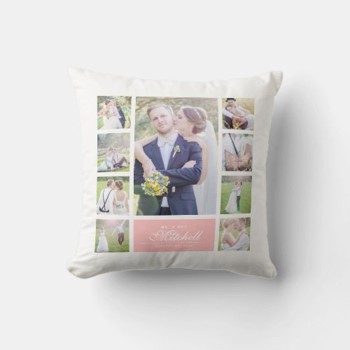 Custom Color Elegant Script Mr  Mrs Photo Collage Throw Pillow