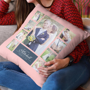 Custom Color Elegant Script Mr & Mrs Photo Collage Throw Pillow