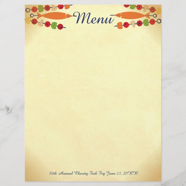 Custom color fish vegetable kebab menu letterhead (Front)