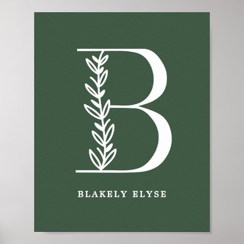 Custom Color Floral Monogram Letter B Name Nursery Poster