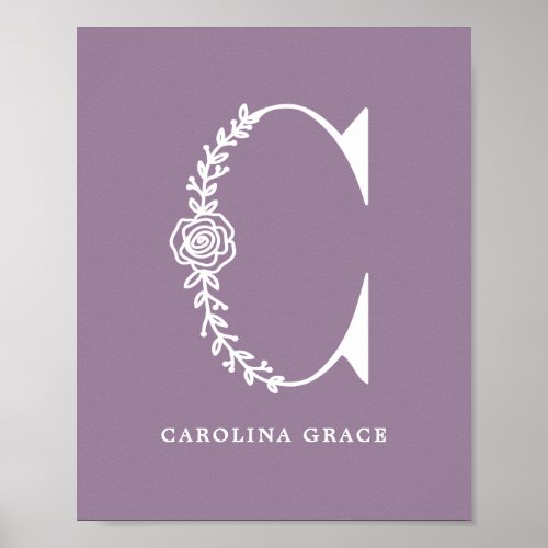 Custom Color Floral Monogram Letter C Name Nursery Poster