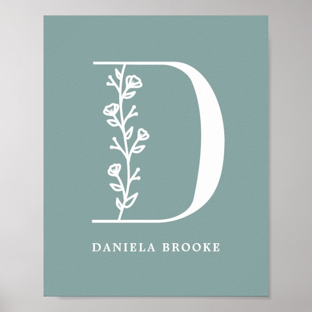 Custom Color Floral Monogram Letter D Name Nursery Poster (Front)