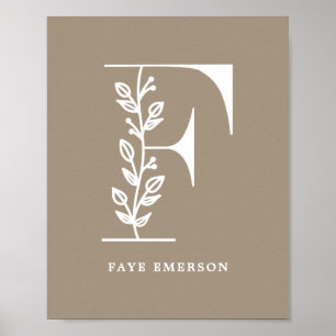 Custom Color Floral Monogram Letter F Name Nursery Poster