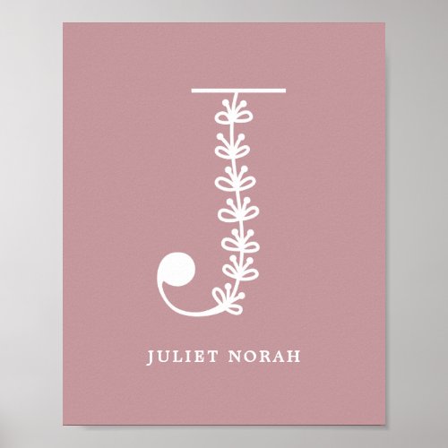 Custom Color Floral Monogram Letter J Name Nursery Poster