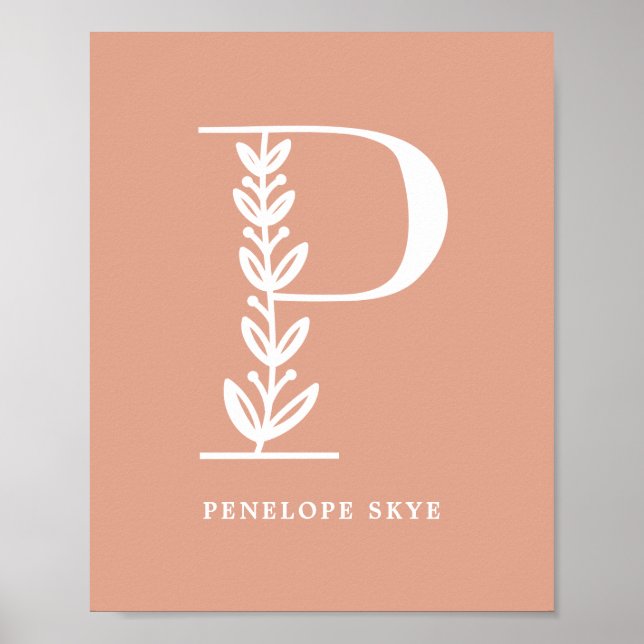 Custom Color Floral Monogram Letter P Name Nursery Poster (Front)