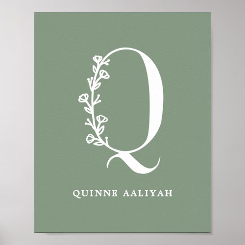 Custom Color Floral Monogram Letter Q Name Nursery Poster