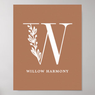 Custom Color Floral Monogram Letter W Name Nursery Poster