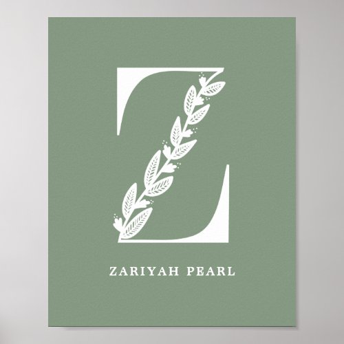 Custom Color Floral Monogram Letter Z Name Nursery Poster