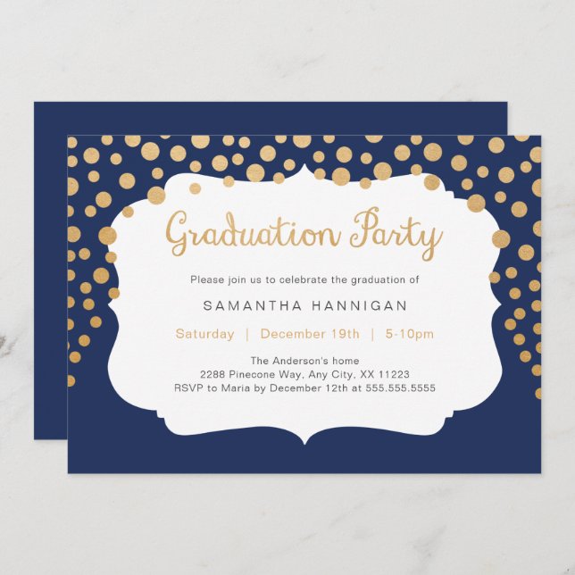 Custom color gold confetti graduation party invitation (Front/Back)