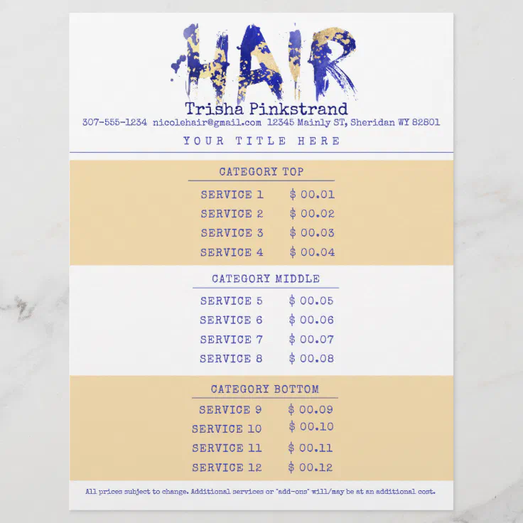 Custom color hair stylist salon service price list letterhead | Zazzle
