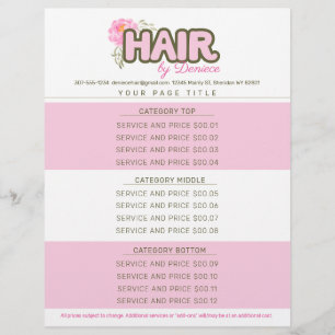 Custom color hair stylist salon service price list letterhead
