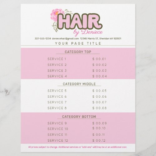 Custom color hair stylist salon service price list letterhead