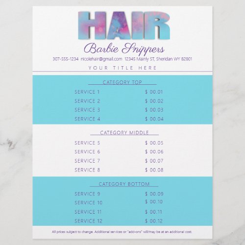 Custom color hair stylist salon service price list letterhead