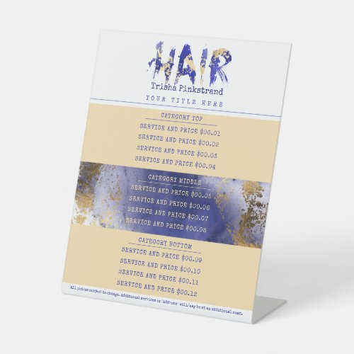 Custom color hair stylist salon service price list pedestal sign