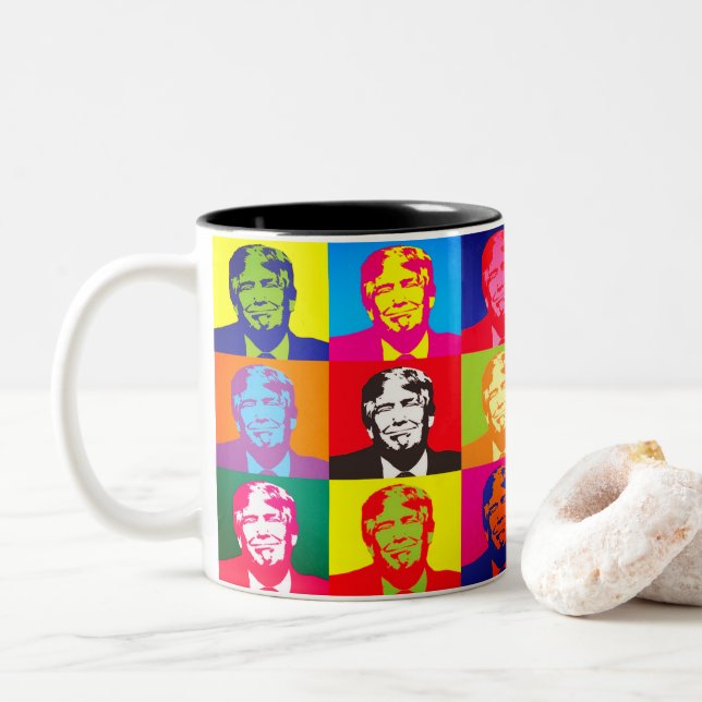 Custom Color Happy Donald Trump Colorful Pop Art Two-Tone Coffee Mug (With Donut)