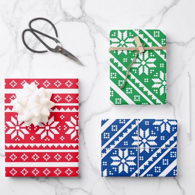 Custom color knit snowflake pattern Christmas Wrapping Paper Sheets (Front)