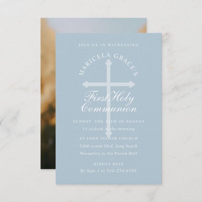Custom Color Light Blue Cross First Communion Invitation (Front/Back)