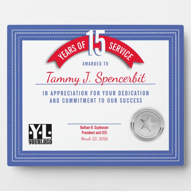 Custom color milestone employee anniversary award plaque (Front)
