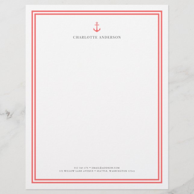 Custom Color Modern Classic Anchor Personalized Letterhead (Front)