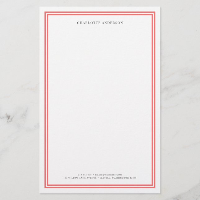 Custom Color Modern Classic Borders Personalized Stationery (Front)